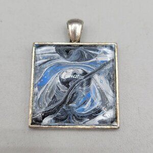 Square Abstract Glass Pendant Silver Tone Setting Black White Blue Swirl Design